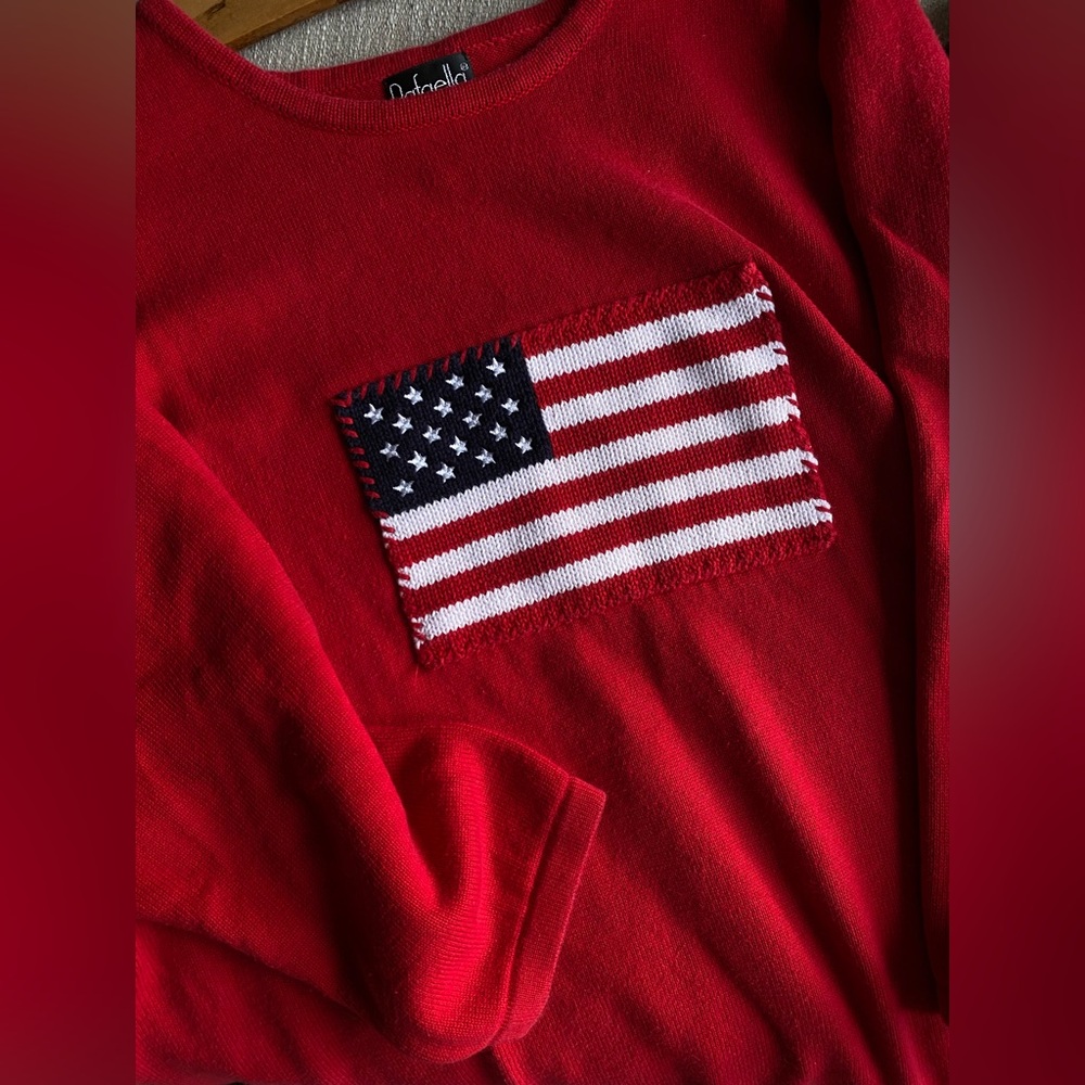 Vintage American Flag Sweater Women’s Large 100% Cotton Red Knit Jumper